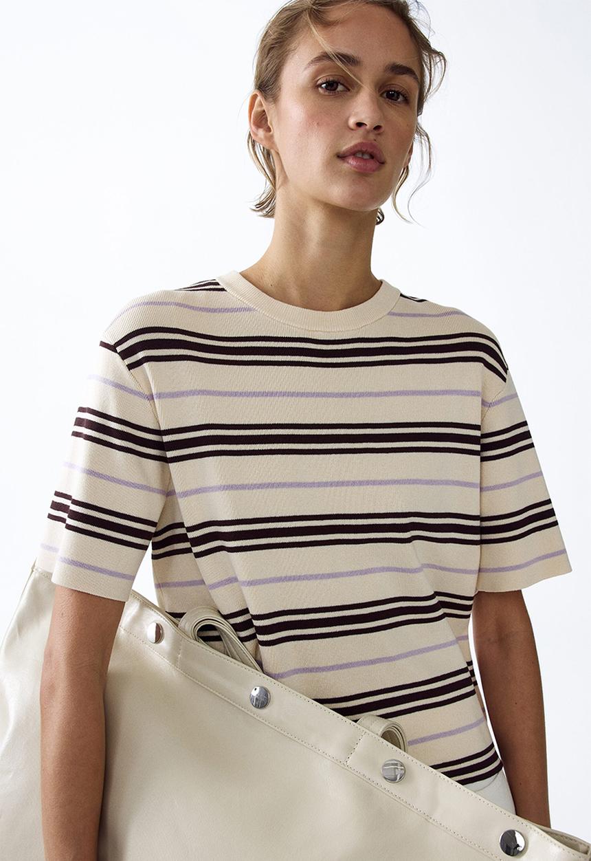 H&M - Knitted T-shirt - light beige/dark brown striped