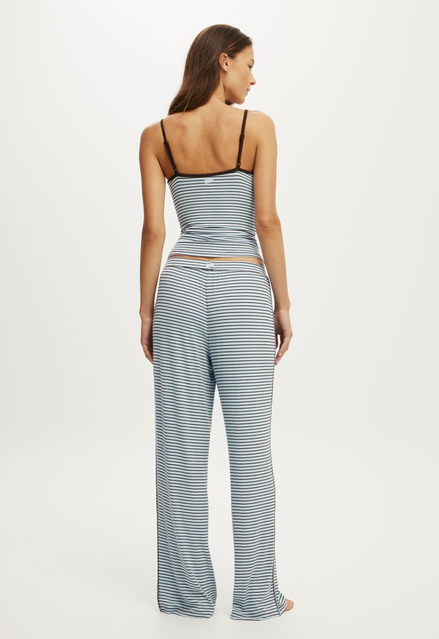 Cotton On - Airy Soft Triangle Cami & Wide Leg Pant Set - Ribbed Lucy Stripe Violet Blue/Toffee Bean