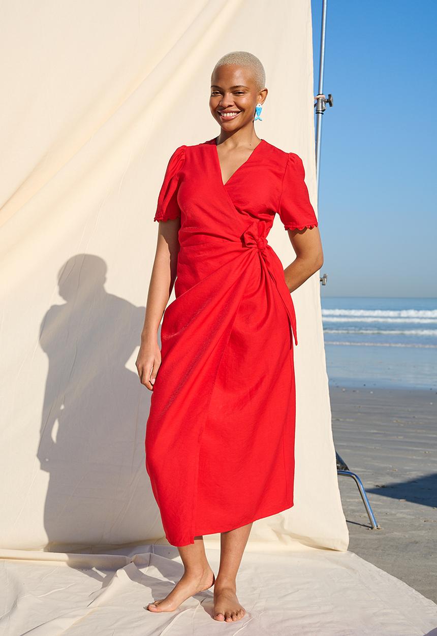 Me&B - Functional Wrap Dress with RicRac Detail - Red
