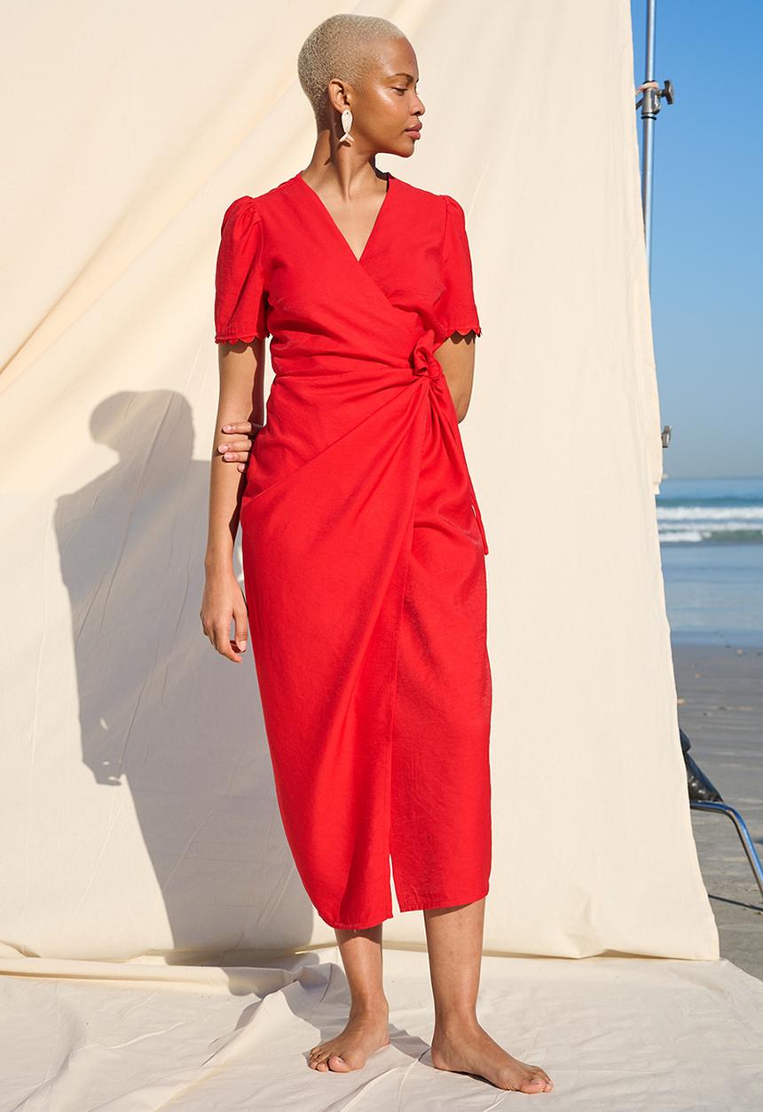 Me&B - Functional Wrap Dress with RicRac Detail - Red