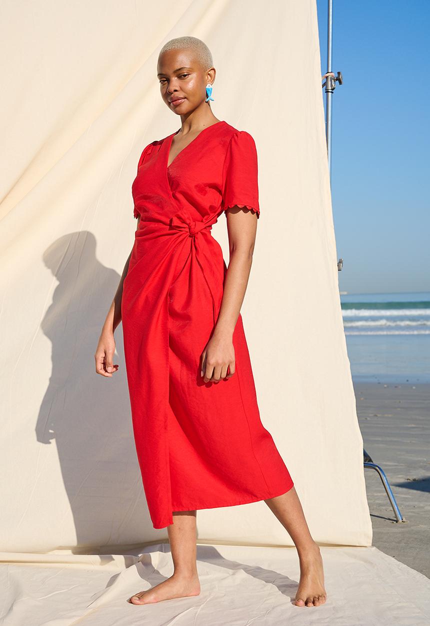 Me&B - Functional Wrap Dress with RicRac Detail - Red