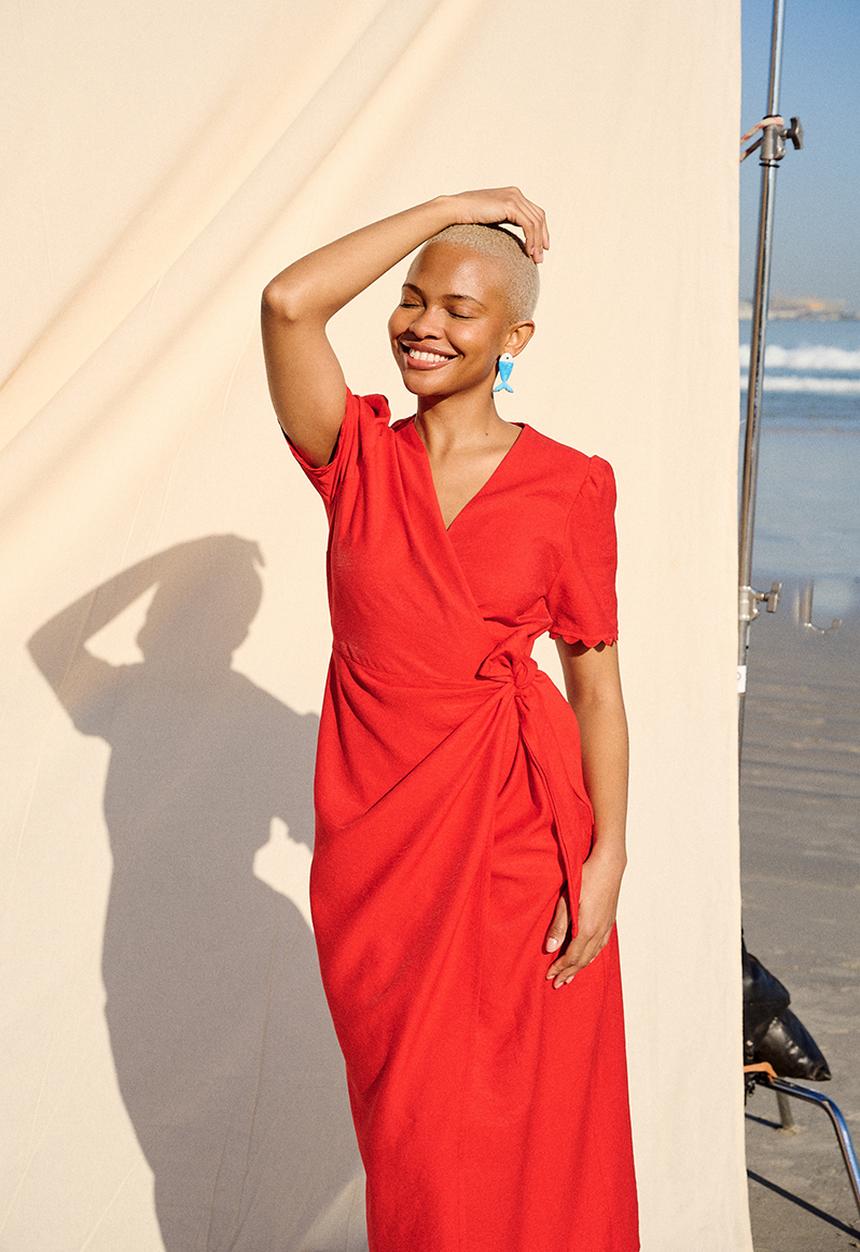 Me&B - Functional Wrap Dress with RicRac Detail - Red