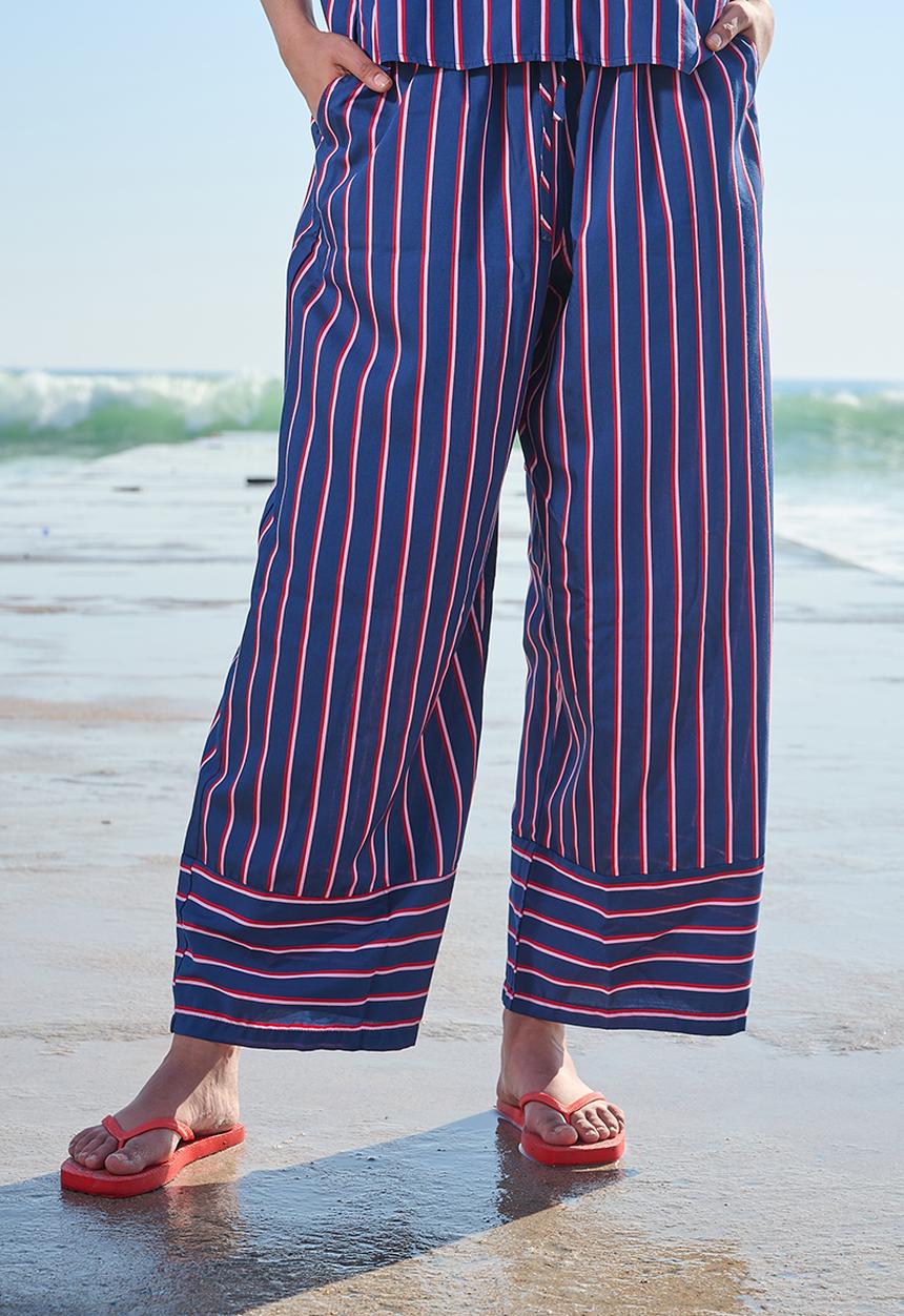 Me&B - Plus Navy Stripe Wide Leg Pant - Navy stripe