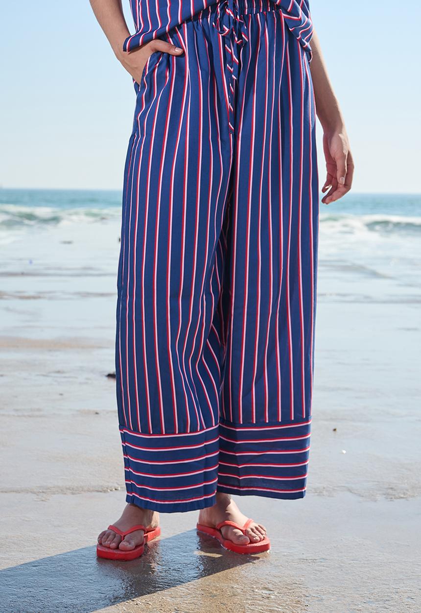 Me&B - Plus Navy Stripe Wide Leg Pant - Navy stripe