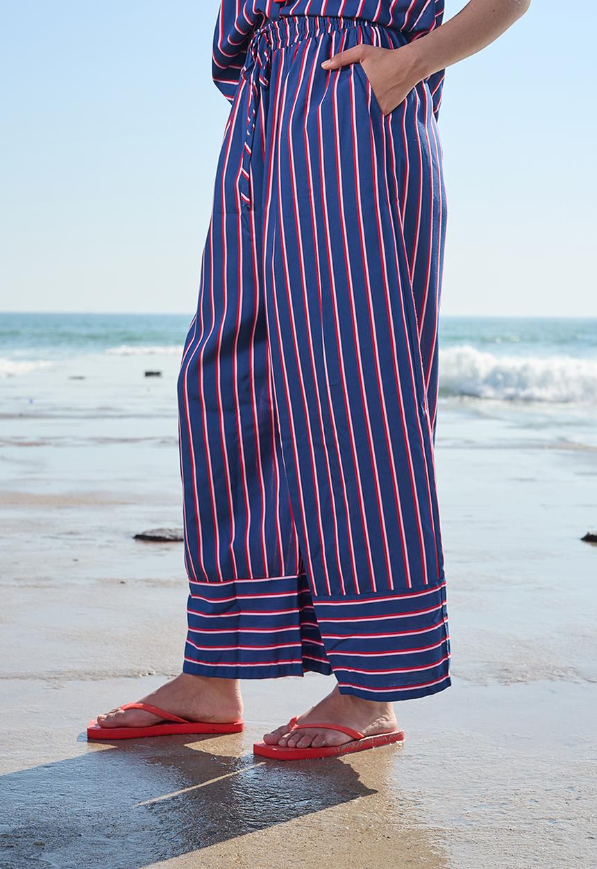 Me&B - Plus Navy Stripe Wide Leg Pant - Navy stripe