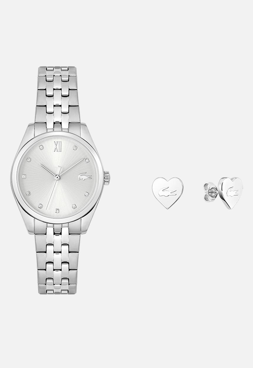 Lacoste - Tuilerie 30mm Watch & Heart Crocodile Studs Gift Set - Silver