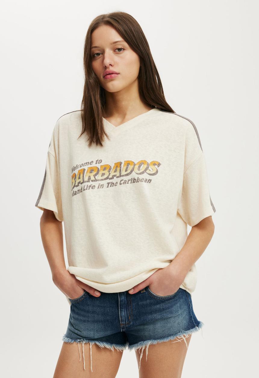 Cotton On - V Neck Vacay Graphic Tee - Barbados/Coconut