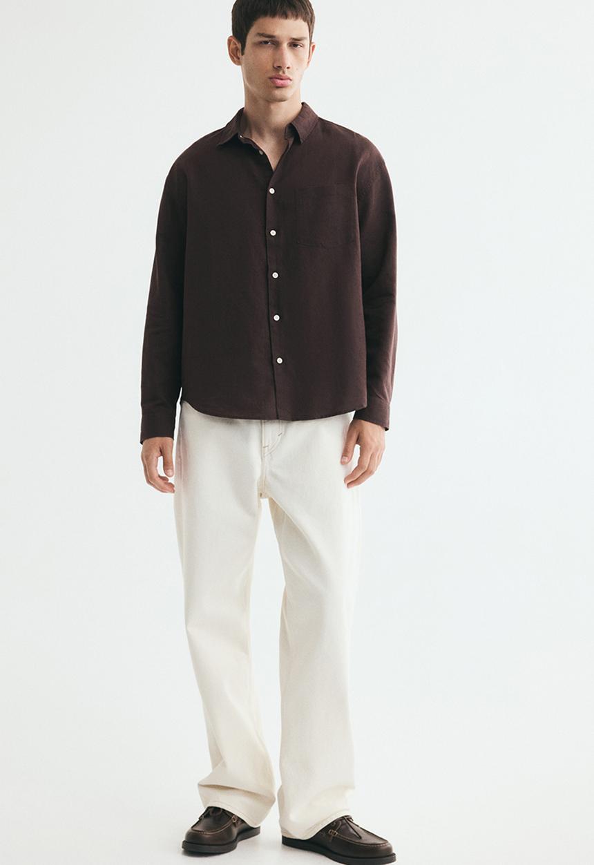 H&M - Relaxed fit linen-blend shirt - dark brown