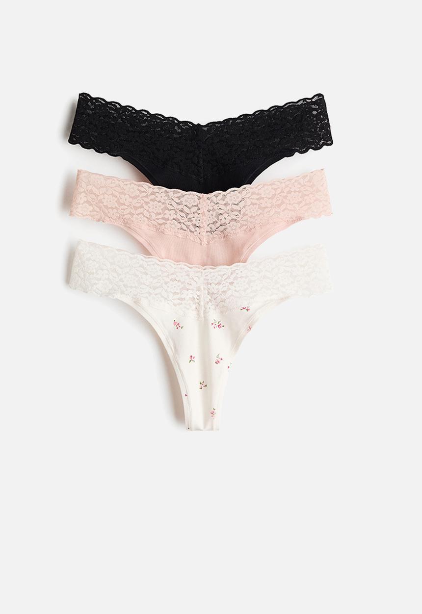 H&M - 3-pack cotton and lace thong briefs - cream/floral