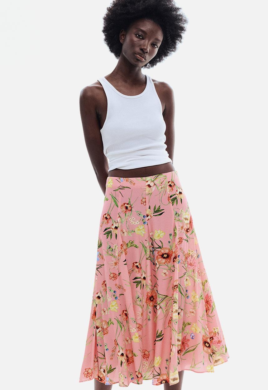 H&M - Pleated viscose skirt - light pink/floral