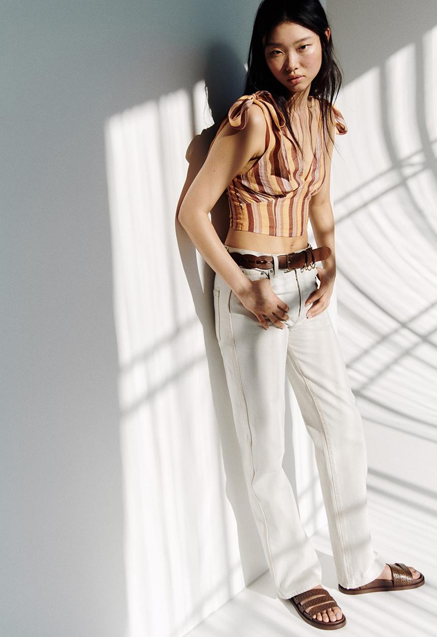 H&M - Cropped tie-strap top - beige/striped