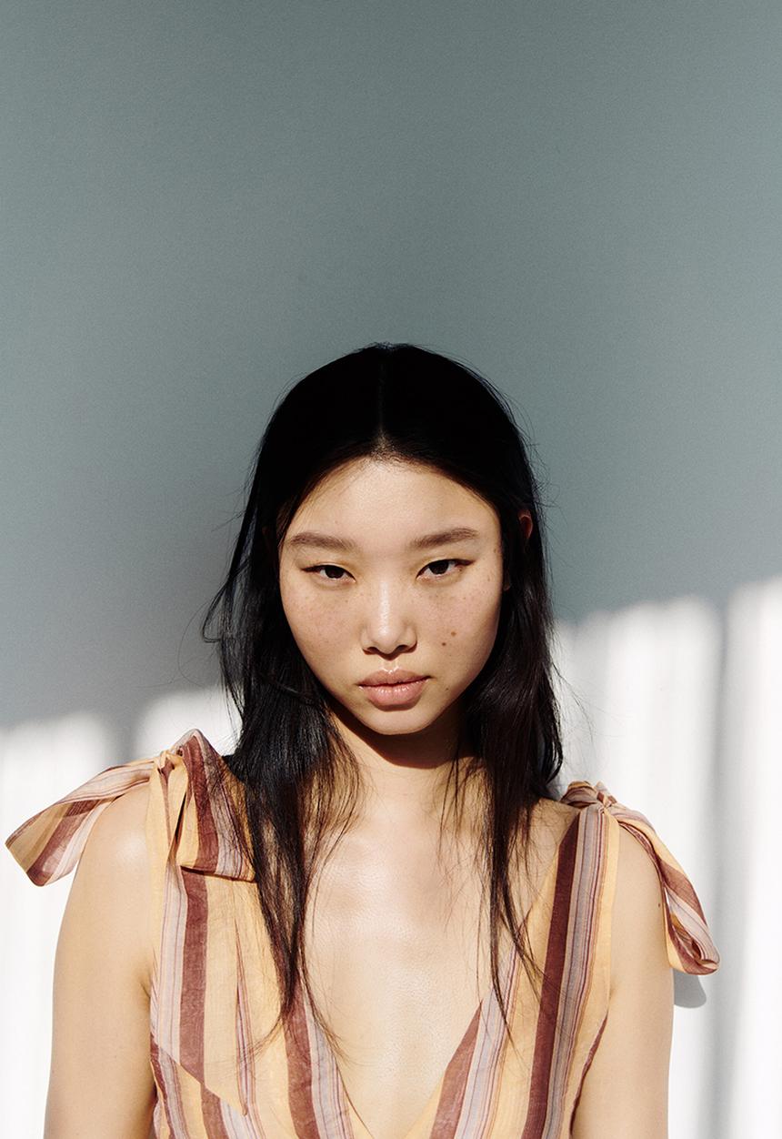 H&M - Cropped tie-strap top - beige/striped