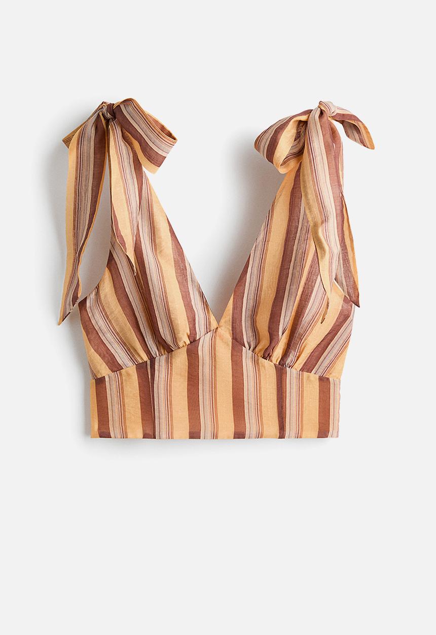 H&M - Cropped tie-strap top - beige/striped