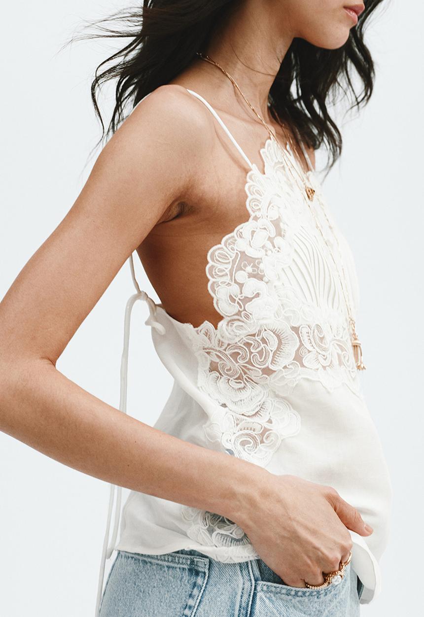 H&M - Linen-blend lace-detail top - white