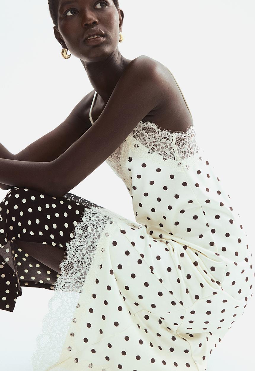H&M - Lace-trimmed slip dress - cream/polka dot