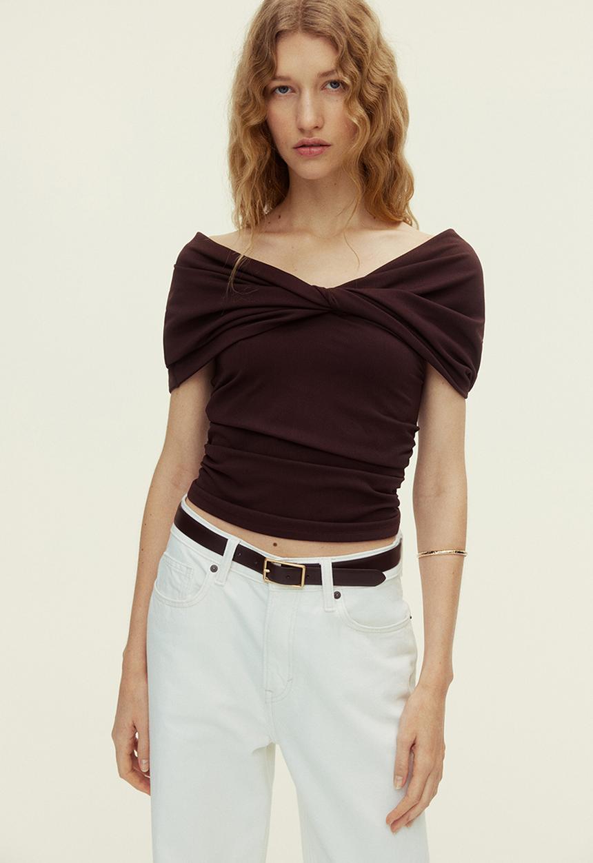 H&M - Twist-detail off-the-shoulder top - dark brown