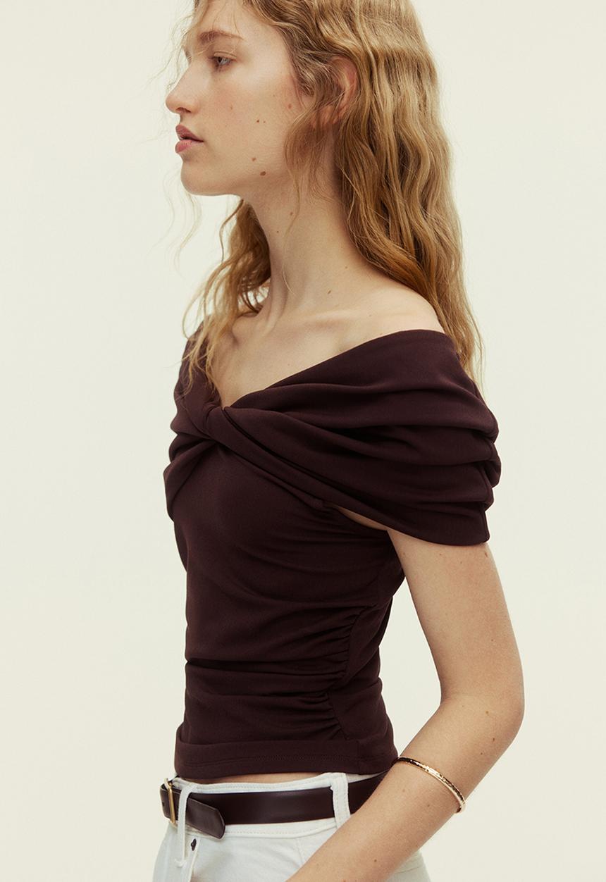 H&M - Twist-detail off-the-shoulder top - dark brown