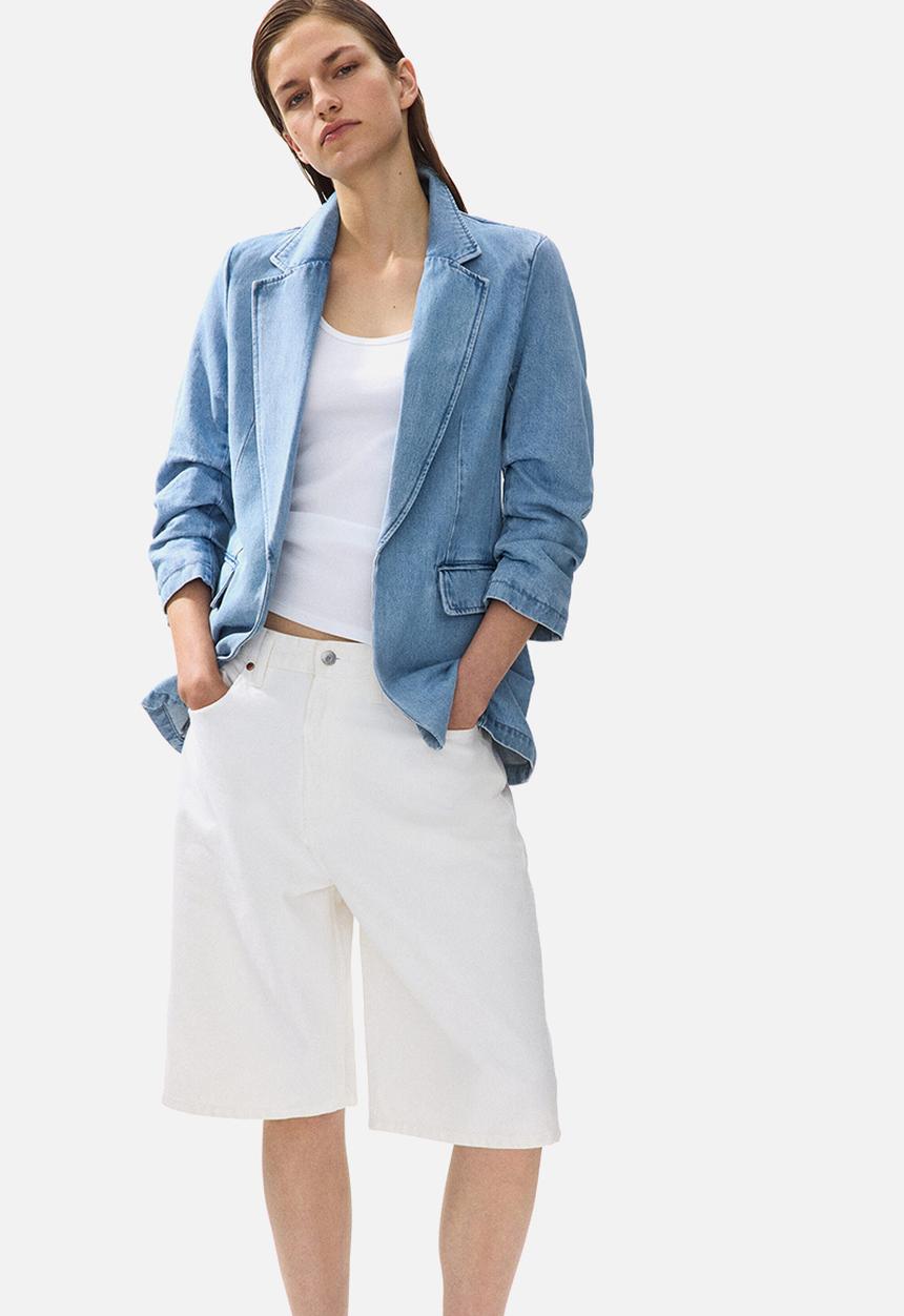 H&M - Gathered-sleeve denim blazer - denim blue