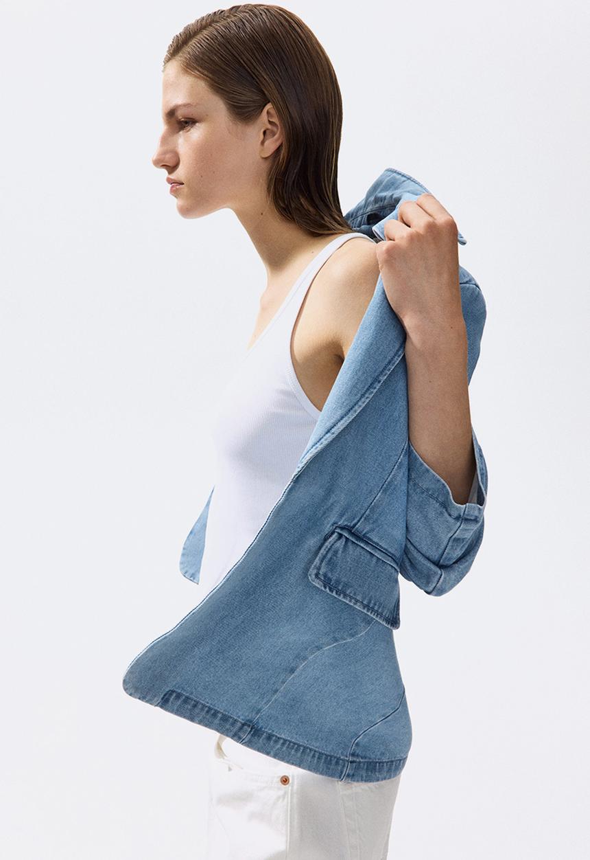 H&M - Gathered-sleeve denim blazer - denim blue