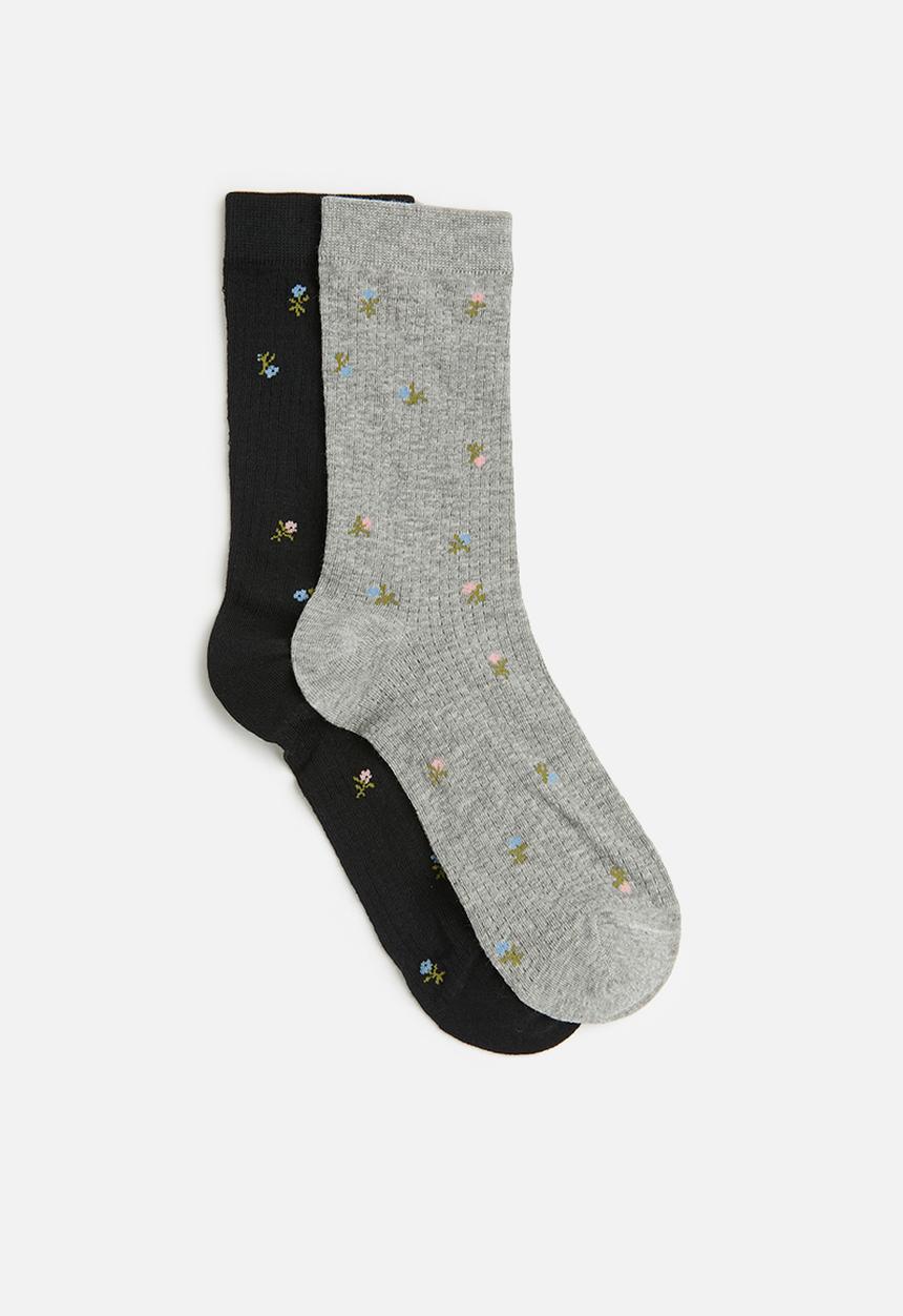 Tessa Design - 2Pk floral detail socks - black/grey