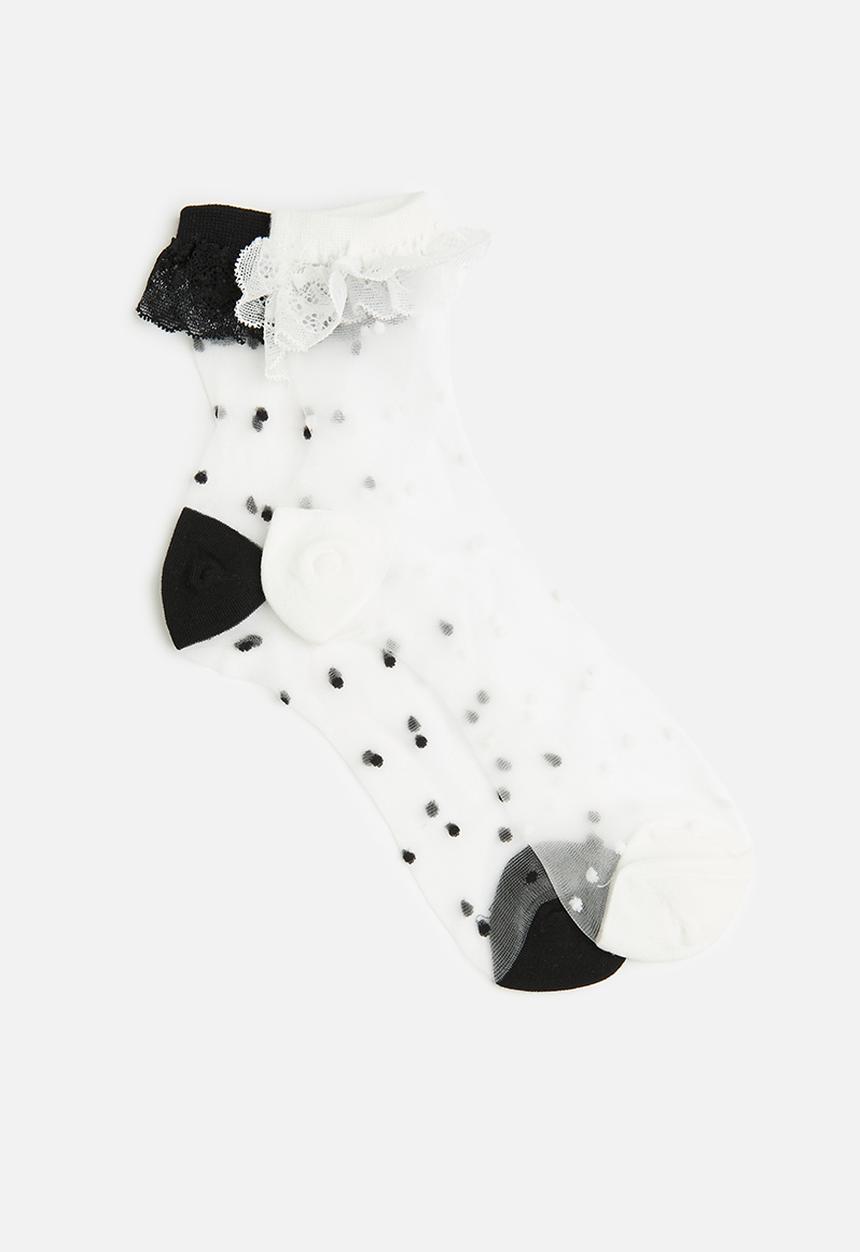 Tessa Design - 2Pk polka dot frill trim sheer socks - black/white