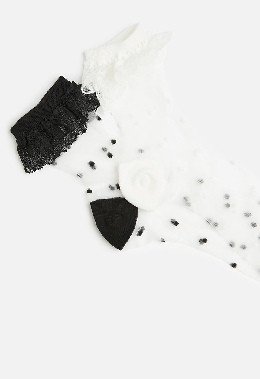 Tessa Design - 2Pk polka dot frill trim sheer socks - black/white