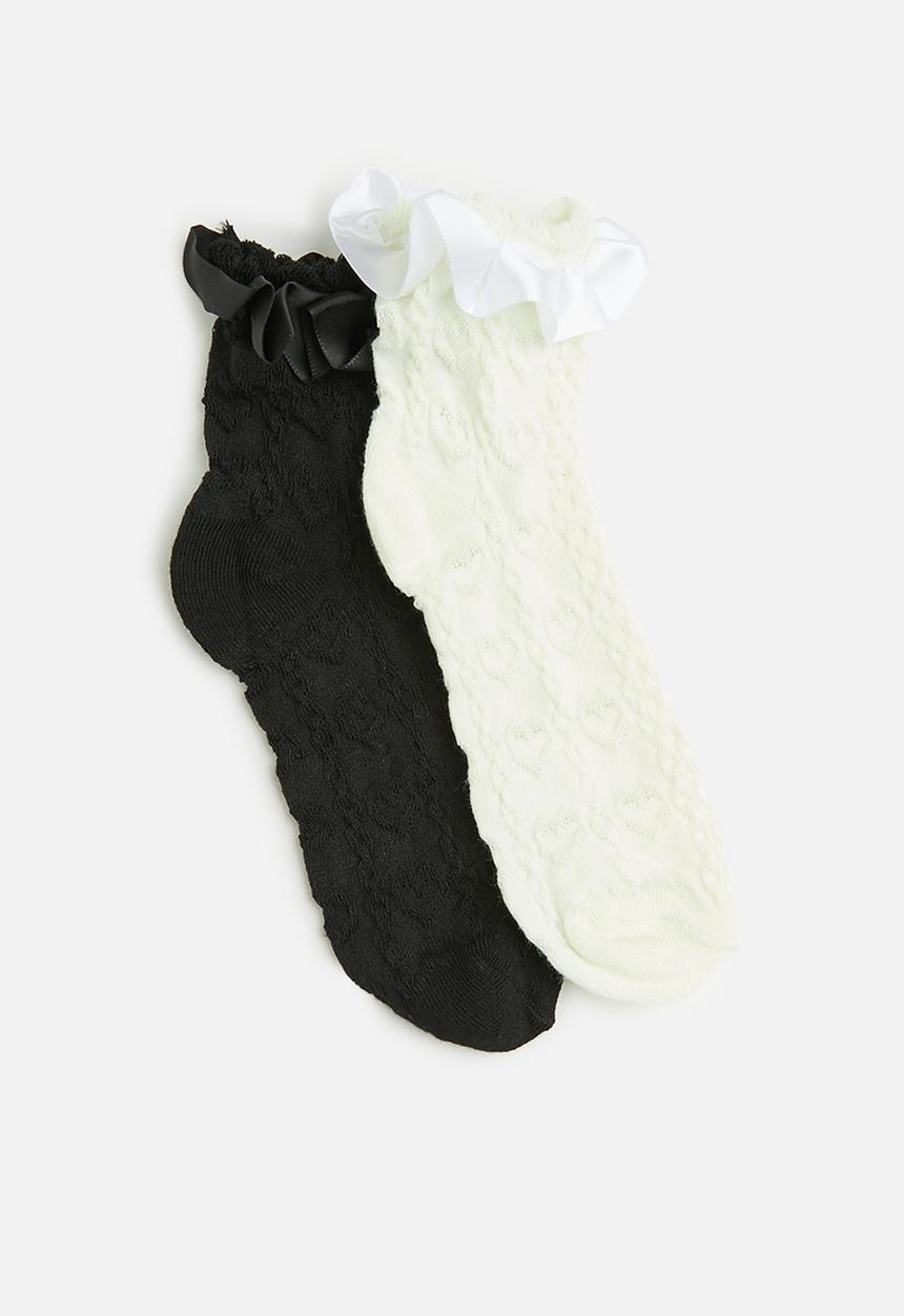 Tessa Design - 2Pk patterned frill trim socks - black/white