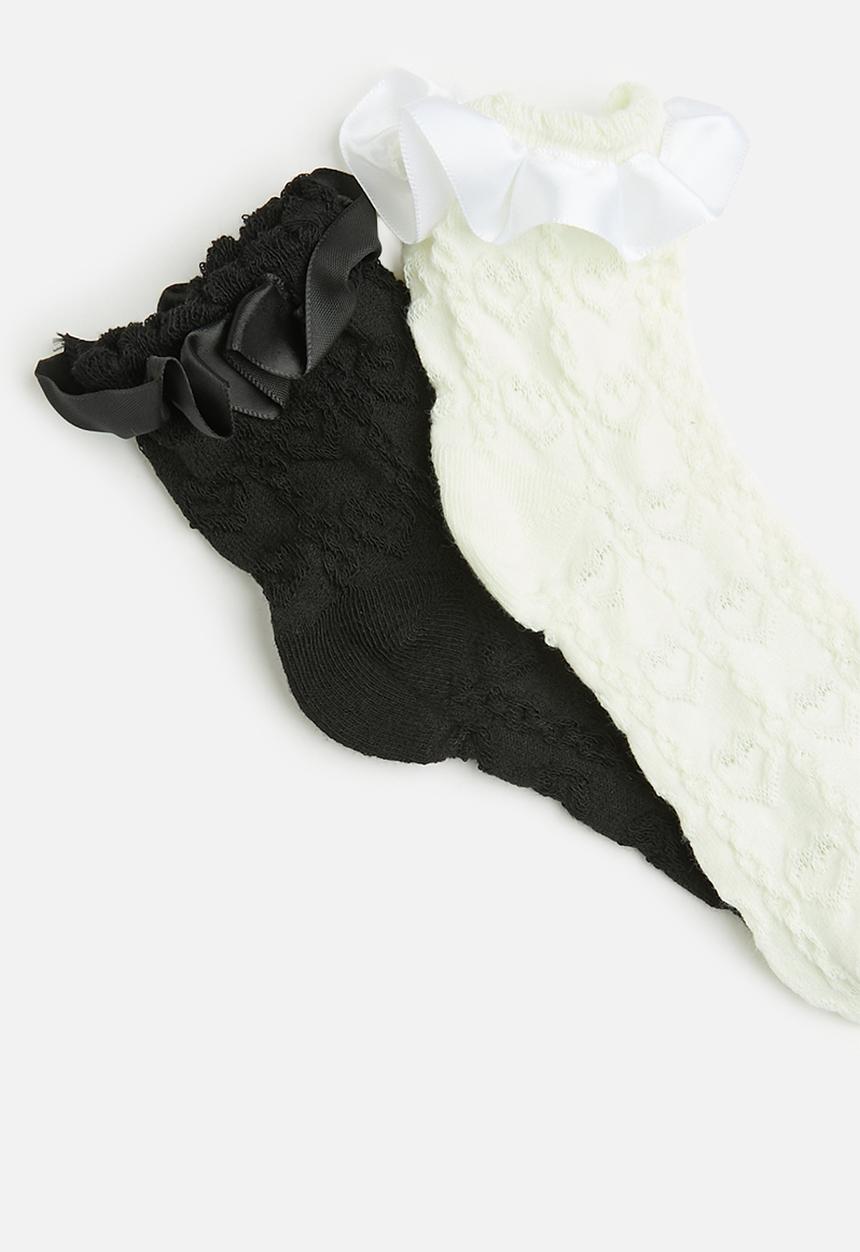 Tessa Design - 2Pk patterned frill trim socks - black/white