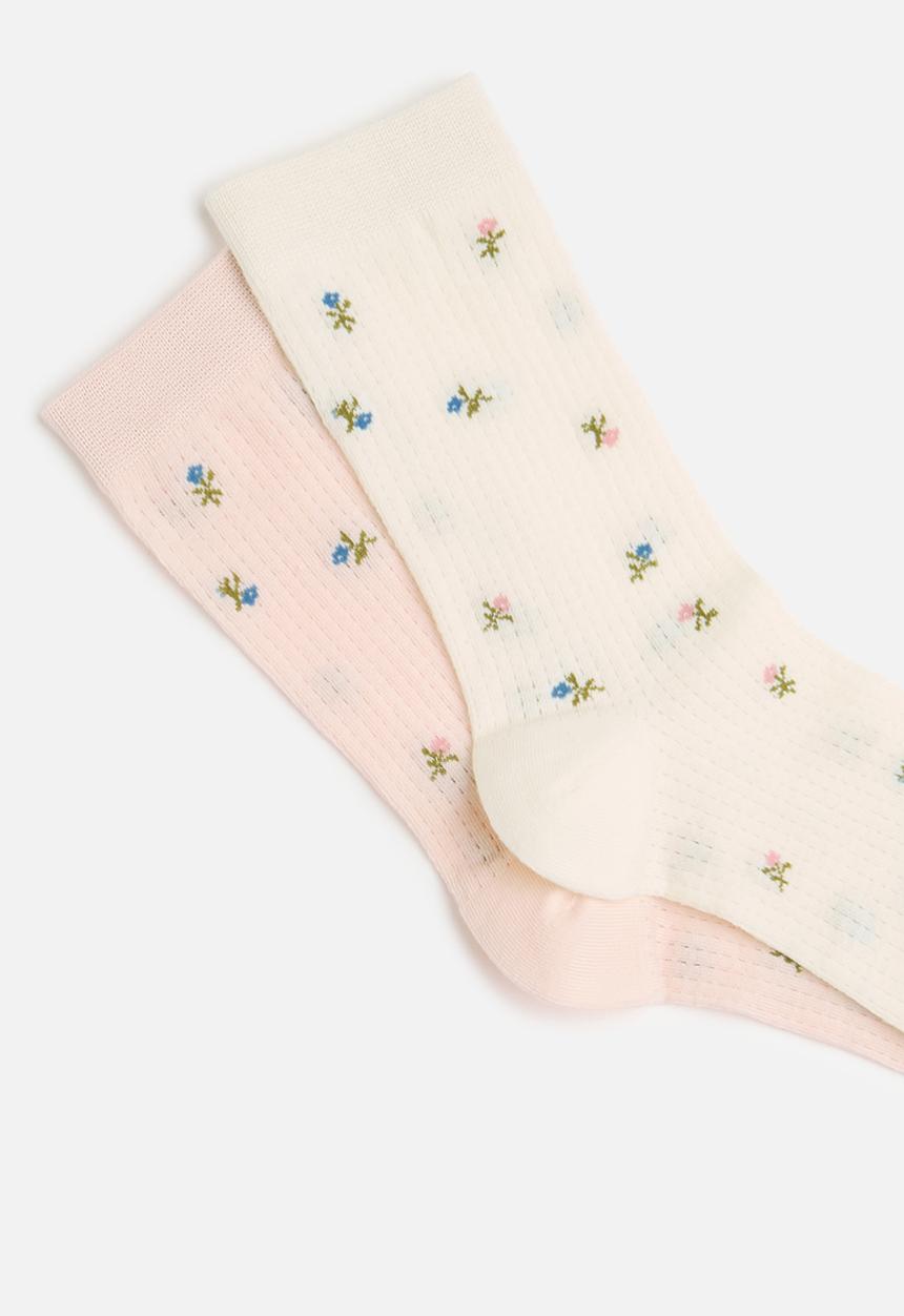 Tessa Design - 2Pk floral detail socks - pink/white