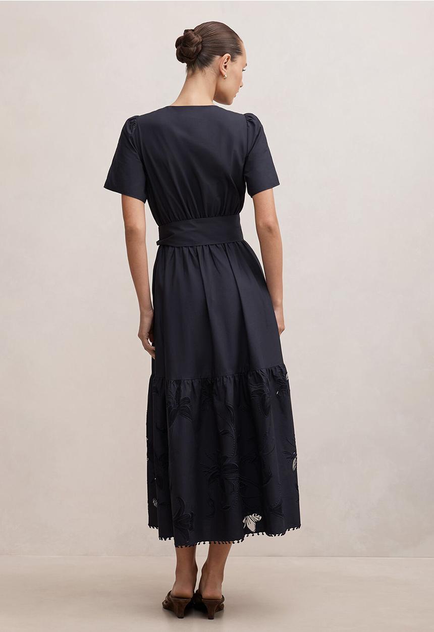 Forever New - Matilda embroidered tie midi dress in navy