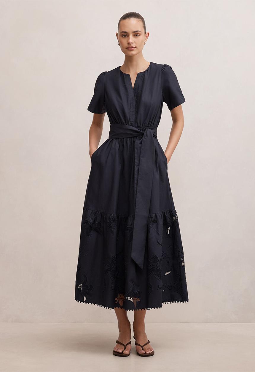 Forever New - Matilda embroidered tie midi dress in navy