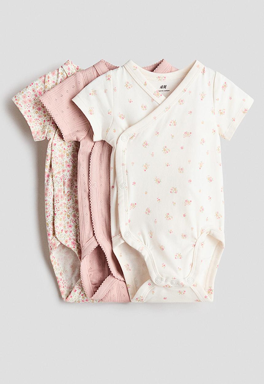H&M - 3-pack wrapover bodysuits - light dusty pink/floral