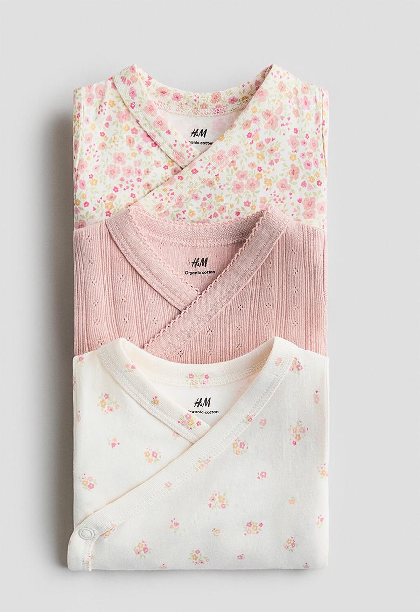 H&M - 3-pack wrapover bodysuits - light dusty pink/floral
