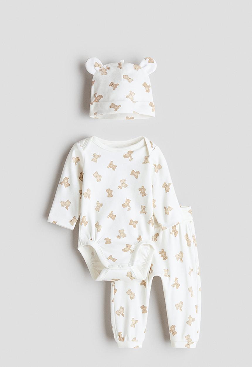 H&M - 3-piece cotton jersey set - white/teddy bears