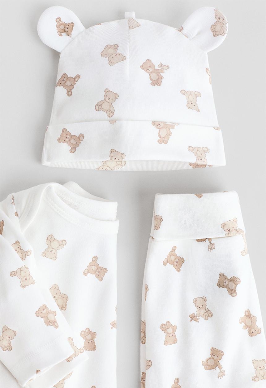 H&M - 3-piece cotton jersey set - white/teddy bears