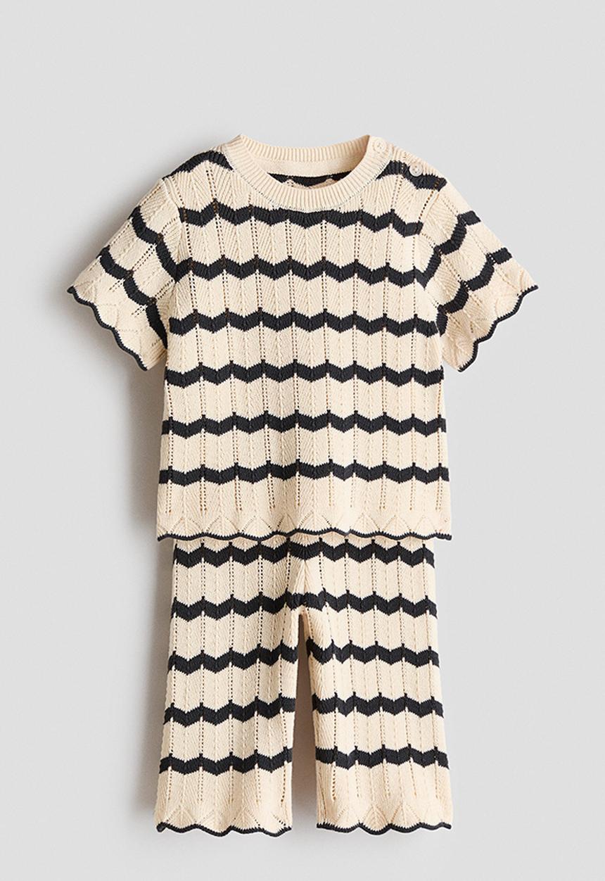H&M - 2-piece pointelle-knit cotton set - light beige/striped