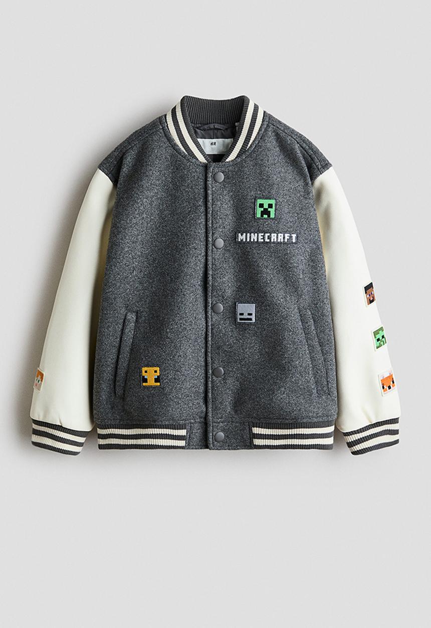 H&M - Motif-detail baseball jacket - grey/minecraft