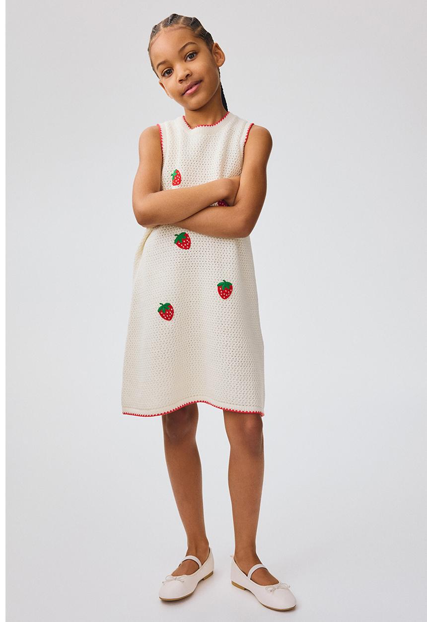 H&M - Appliquéd hole-knit dress - cream/strawberries