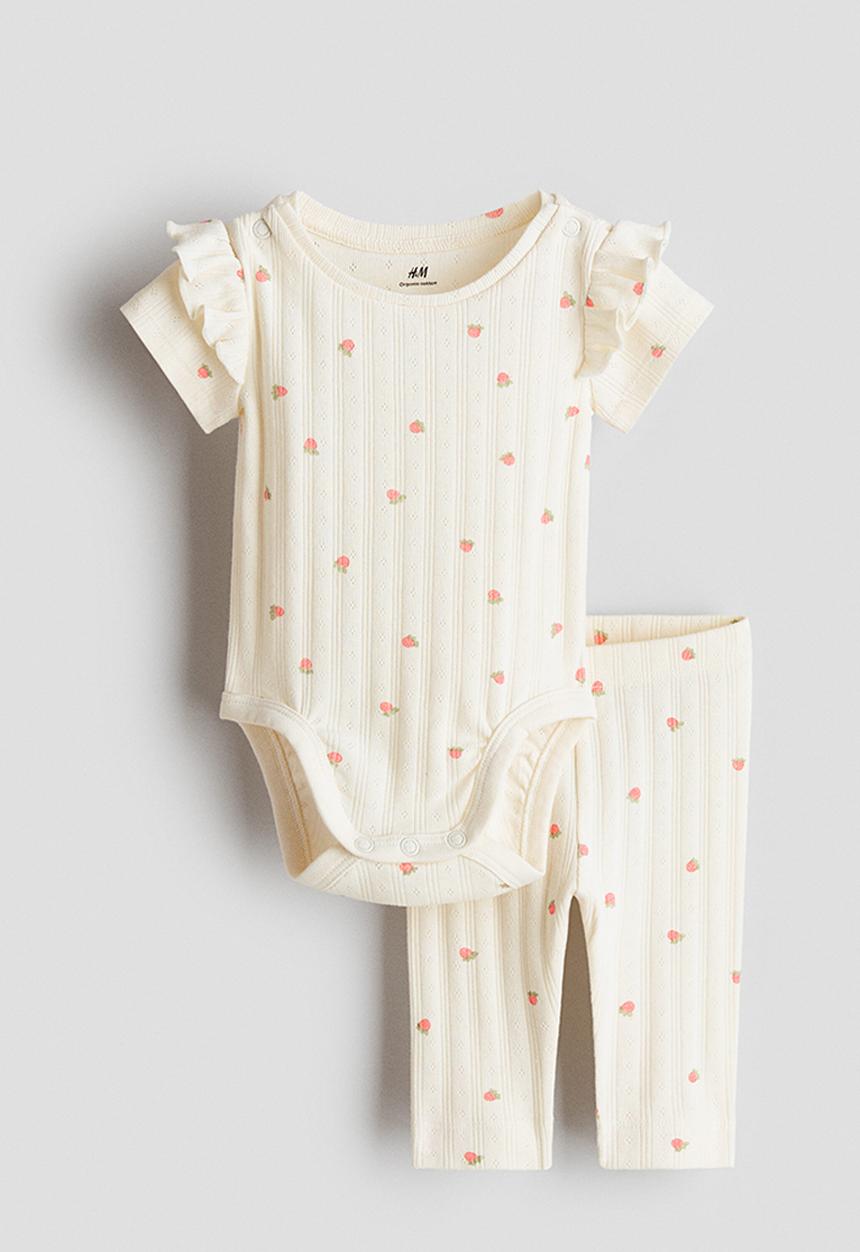 H&M - 2-piece printed cotton set - cream/berries