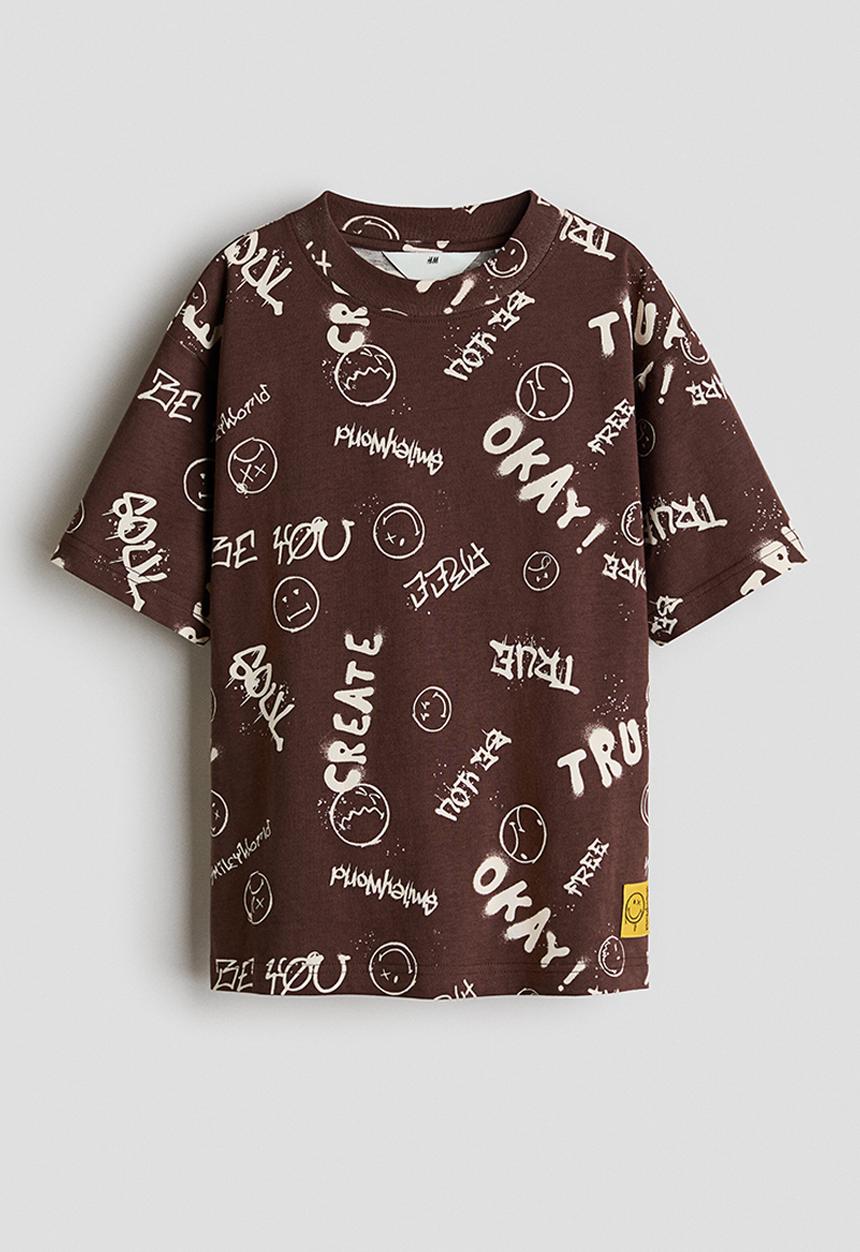 H&M - Printed t-shirt - dark brown/smileyworld?
