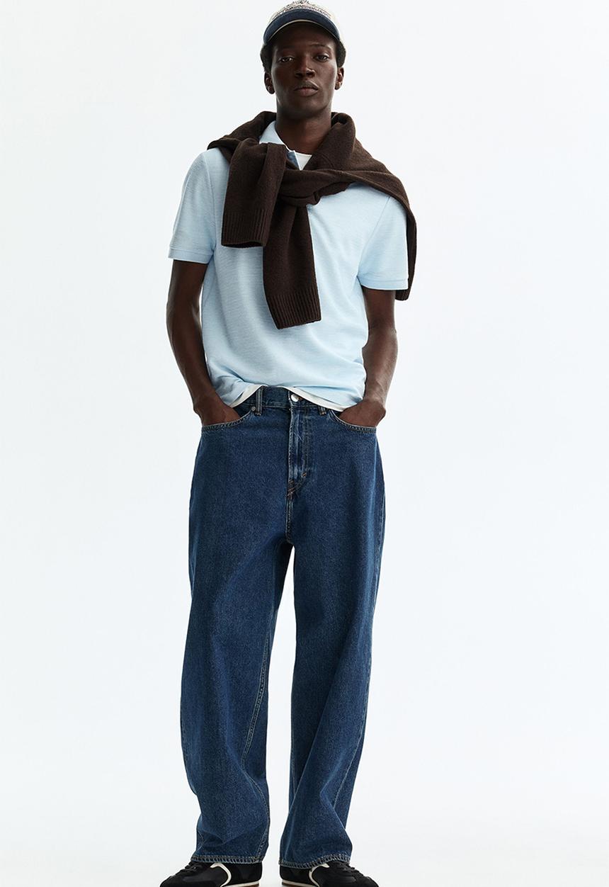 H&M - Slim fit jacquard-knit polo shirt - light blue