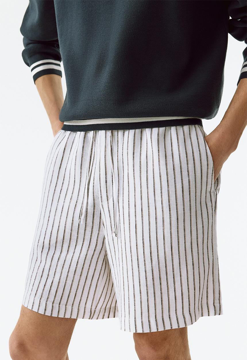 H&M - Relaxed fit linen-blend shorts - white/striped