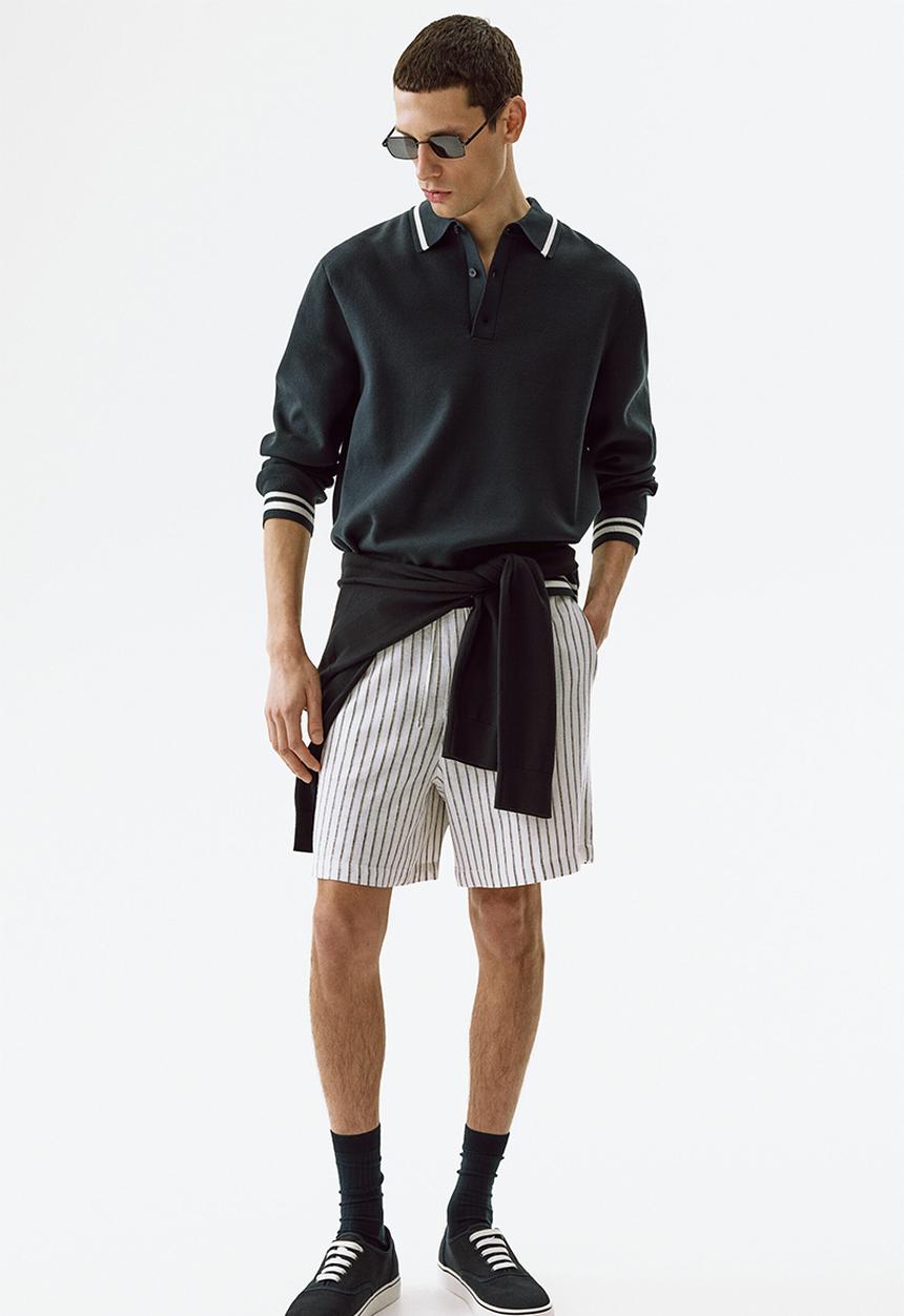 H&M - Relaxed fit linen-blend shorts - white/striped