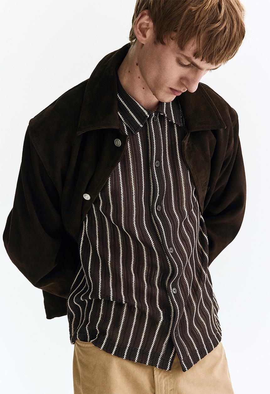H&M - Regular fit textured-knit shirt - dark brown/striped