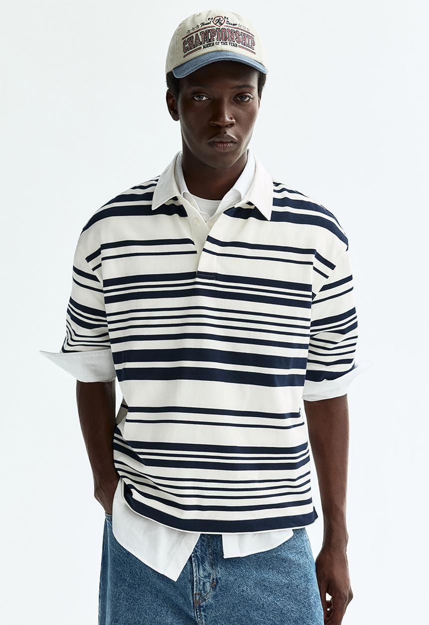 H&M - Loose fit cotton polo shirt - white/striped