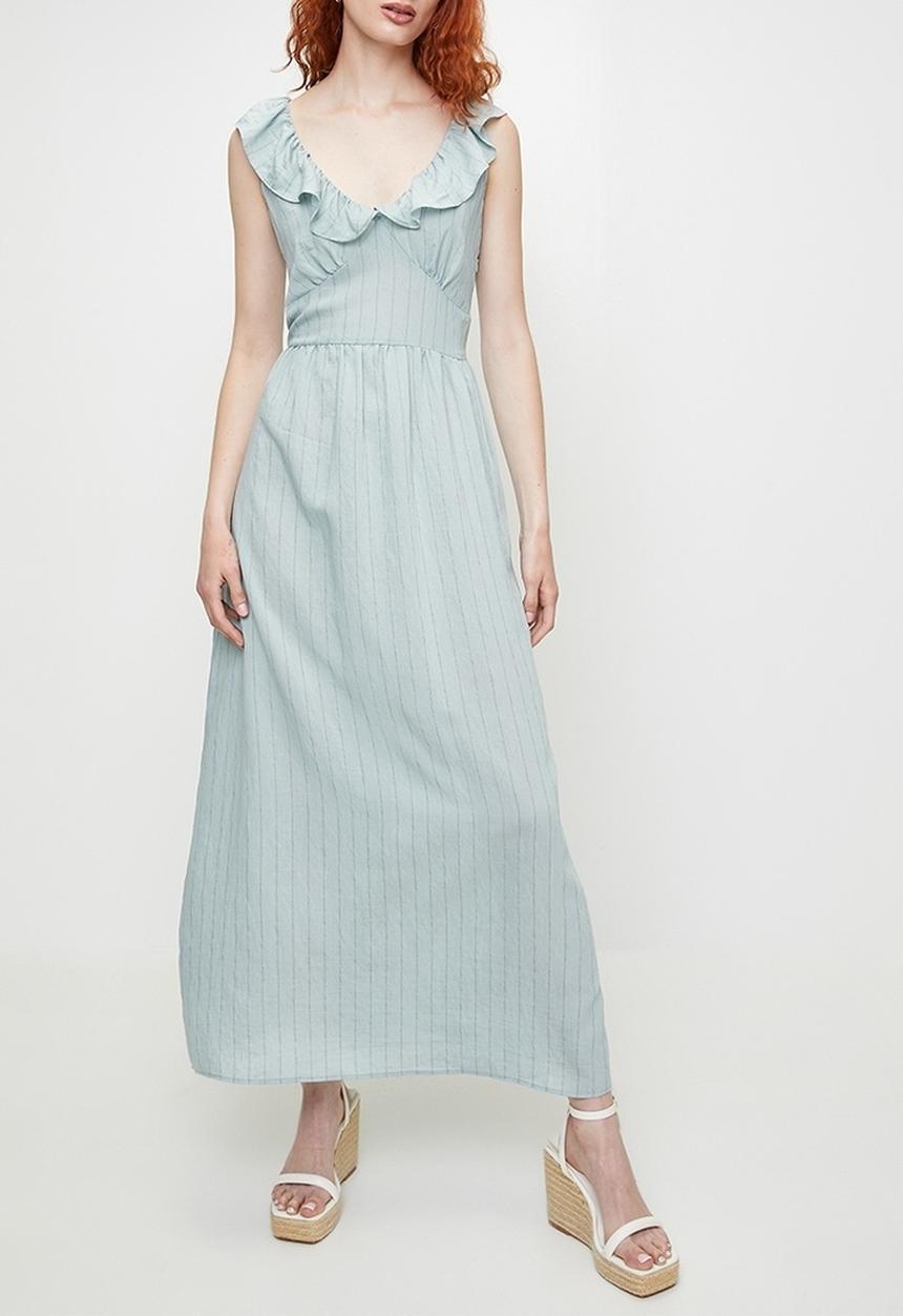 Brave Soul - Ladies V Neck Frill Sleeveless Stripe maxi Dress - Light Blue Stripe