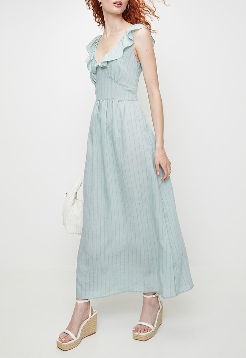 Brave Soul - Ladies V Neck Frill Sleeveless Stripe maxi Dress - Light Blue Stripe