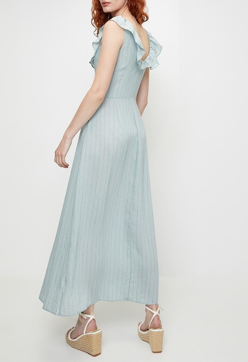 Brave Soul - Ladies V Neck Frill Sleeveless Stripe maxi Dress - Light Blue Stripe