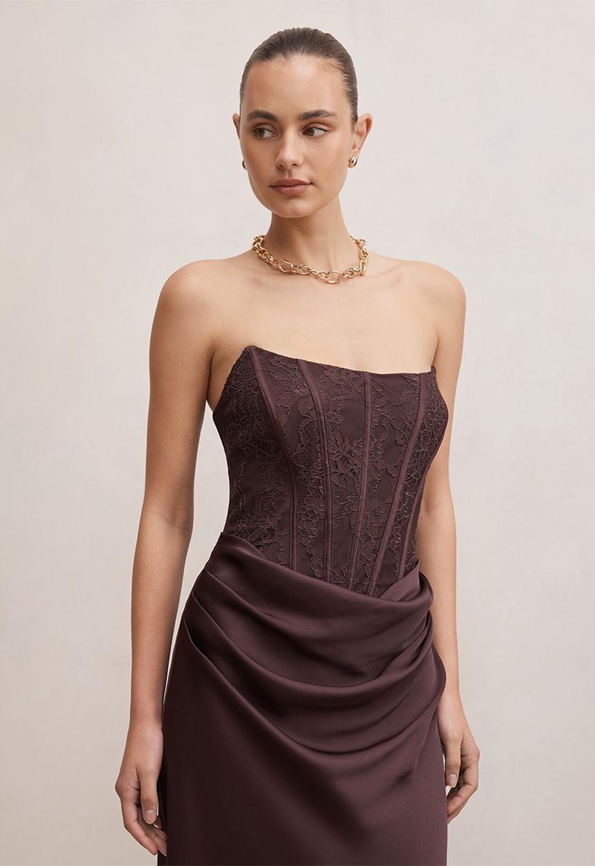 Forever New - Ivy lace corset drape maxi dress in dark chocolate