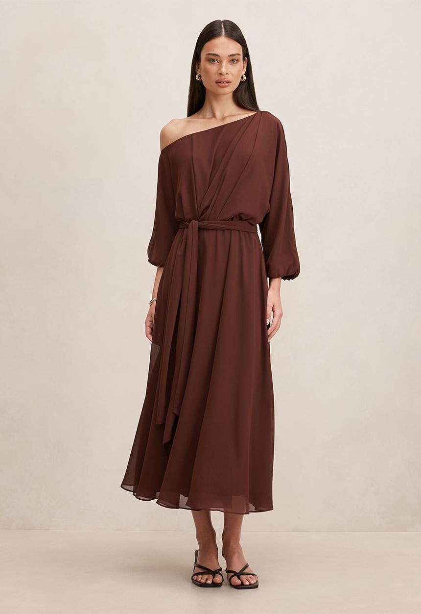 Forever New - Samantha tipped draped midi dress in dark chocolate truffle